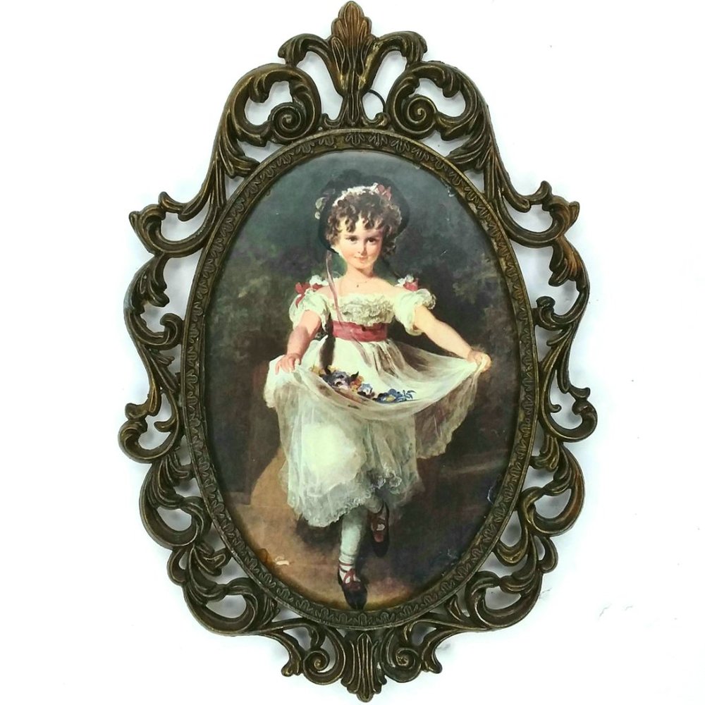 Vintage Victorian Brass Ornate Oval Frame Miss Murray Print Wall Hanging Italy